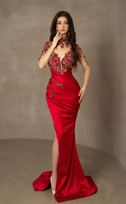 RP234-Elegant Trumpet High Neck Beads Crystals Long Sleeves Prom Evening Dresses Formal Party Gowns With Slit