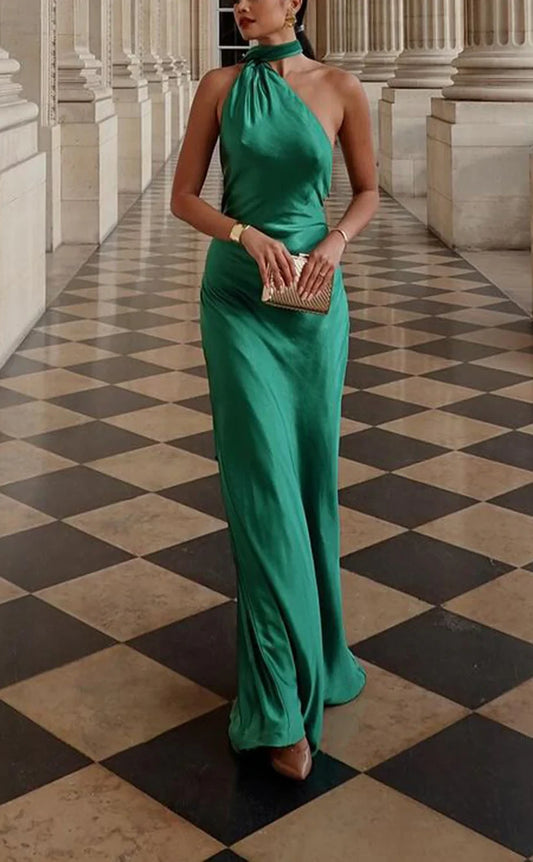 RP1861-New Green Mermaid High Neck Pleated Sleeveless Satin Prom Evening Dresses Formal Party Gowns With Train