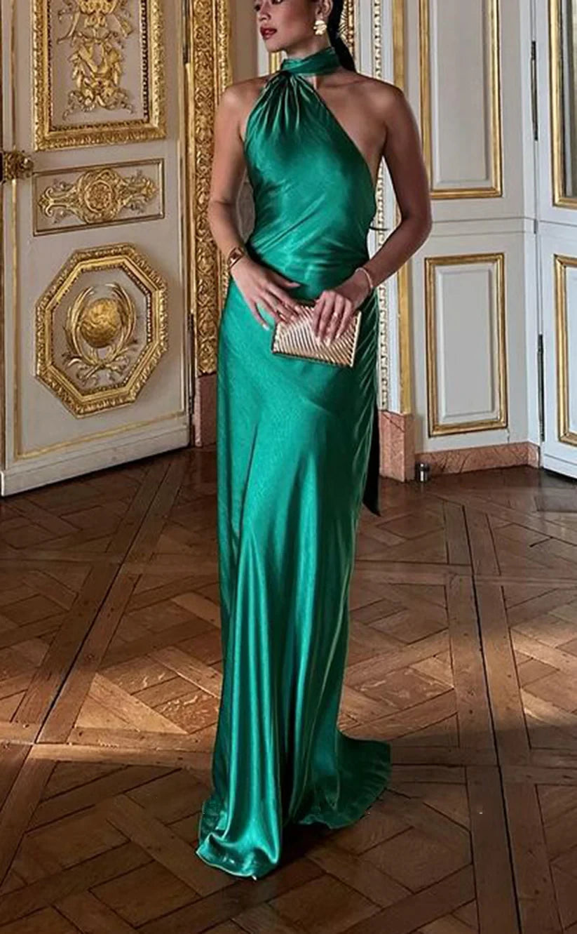 RP1861-New Green Mermaid High Neck Pleated Sleeveless Satin Prom Evening Dresses Formal Party Gowns With Train