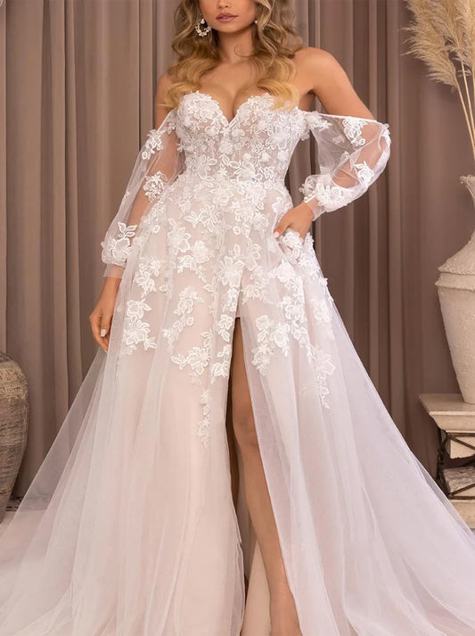 Gorgeous A-Line Beach Wedding Dresses Sweetheart Appliqued Long Sleevels Tulle Sweep Train Bridal Gowns With Slit