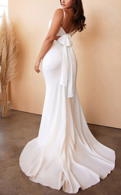 RP989-Elegant White Mermaid Spaghetti Pleated Sleeveless Prom Evening Dresses Formal Party Gowns