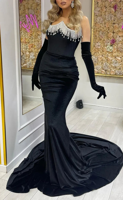 RP1872-New Black Mermaid Strapless Tassel Pleated Long Sleeves Satin Prom Evening Dresses Formal Party Gowns With Train