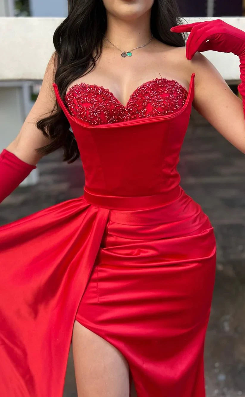 RP438-Elegant Red Mermaid Sweetheart Sequins Beads Ruched Long Sleeves Long Prom Evening Dresses Formal Party Gowns With Slit