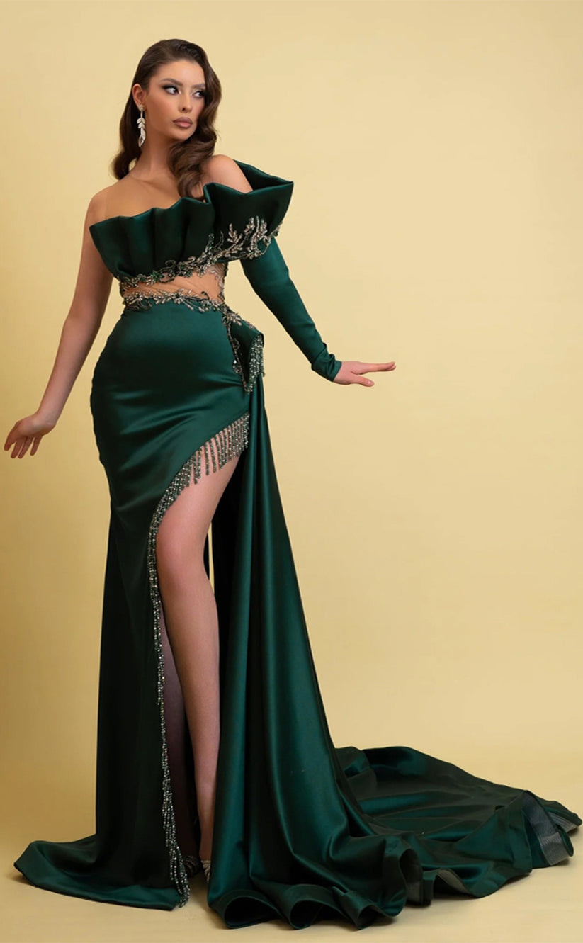 RP232-Green Mermaid One Shoulder Beads Pleated Tassel Long Sleeves Prom Evening Dresses Formal Party Gowns With Slit