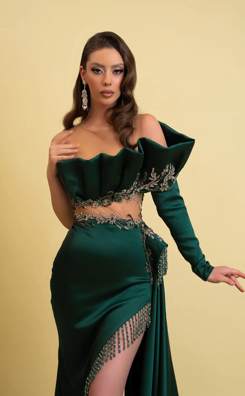 RP232-Green Mermaid One Shoulder Beads Pleated Tassel Long Sleeves Prom Evening Dresses Formal Party Gowns With Slit