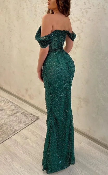 RP1871-Sparkling Green Mermaid Off-the-Shoulder Sequins Cap Sleeves Long Prom Evening Dresses Formal Party Gowns