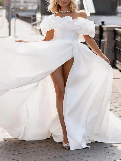 Simple A-Line Beach Wedding Dresses Off The Shoulder Cap Sleeves Flowers Satin Sweep Train Bridal Gowns With Slit