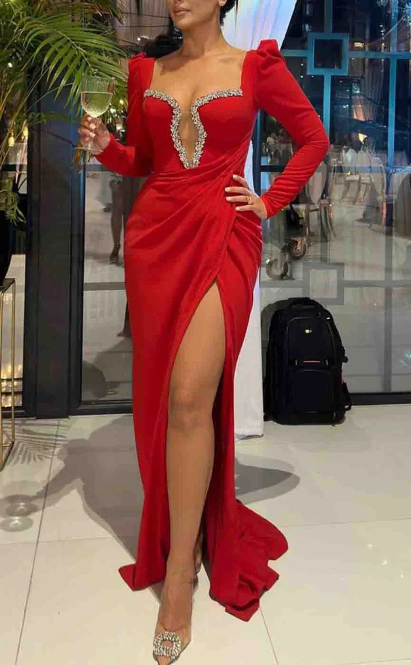 RP1889-New Red Mermaid Sweetheart Ruched Crystals Long Sleeves Satin Prom Evening Dresses Formal Party Gowns With Slit