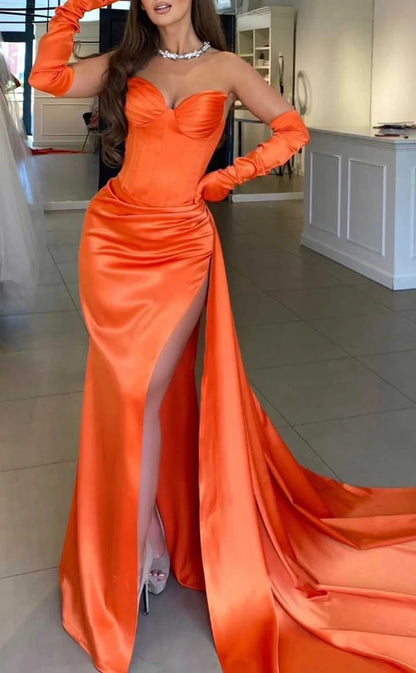 RP1885-New Orange Mermaid Sweetheart Ruched Long Sleeves Satin Prom Evening Dresses Formal Party Gowns With Slit