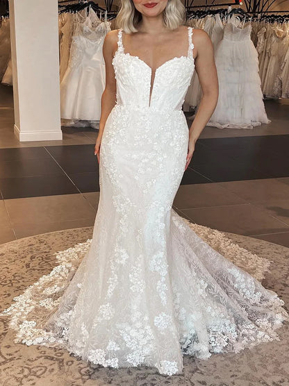 Gorgeous Mermaid Wedding Dresses Spaghetti Appliqued Satin Court Train Bridal Gowns Custom Made