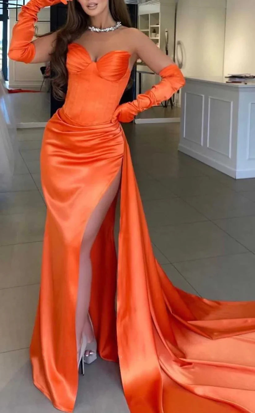 RP1885-New Orange Mermaid Sweetheart Ruched Long Sleeves Satin Prom Evening Dresses Formal Party Gowns With Slit