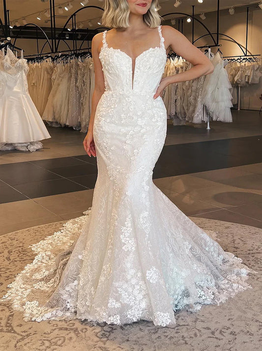 Gorgeous Mermaid Wedding Dresses Spaghetti Appliqued Satin Court Train Bridal Gowns Custom Made