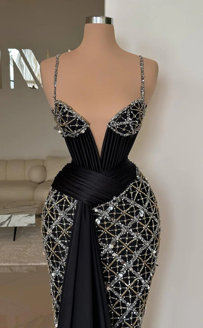 RP995-Gorgeous Black Mermaid Spaghetti Beads Sequins Sleeveless Prom Evening Dresses Formal Party Gowns