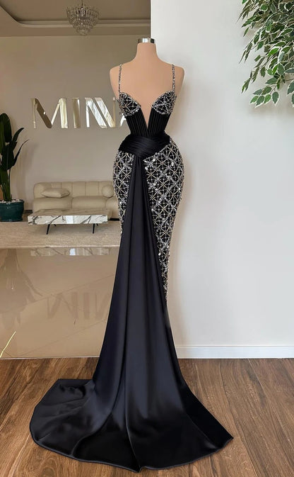 RP995-Gorgeous Black Mermaid Spaghetti Beads Sequins Sleeveless Prom Evening Dresses Formal Party Gowns