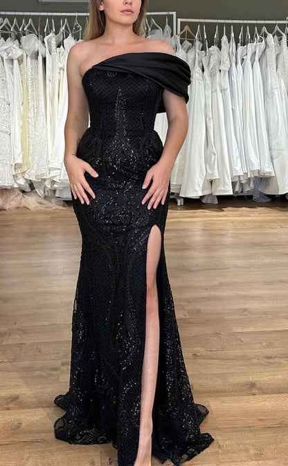 RP996-Unique Black Mermaid One Shoulder Sequins Beads Sleeveless Prom Evening Dresses Formal Party Gowns With Slit