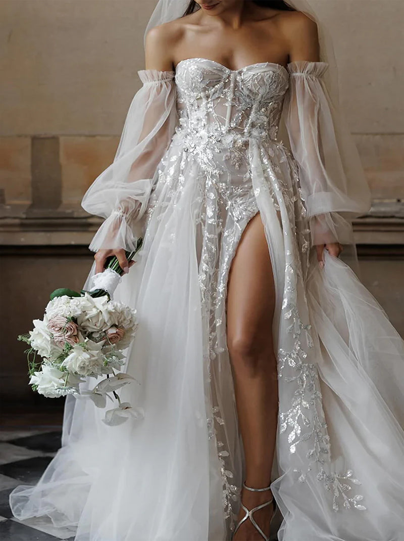 Modern A-Line Beach Wedding Dresses Sweetheart Appliqued Detachable Long Sleeves Tulle Sweep Train Bridal Gowns With Slit