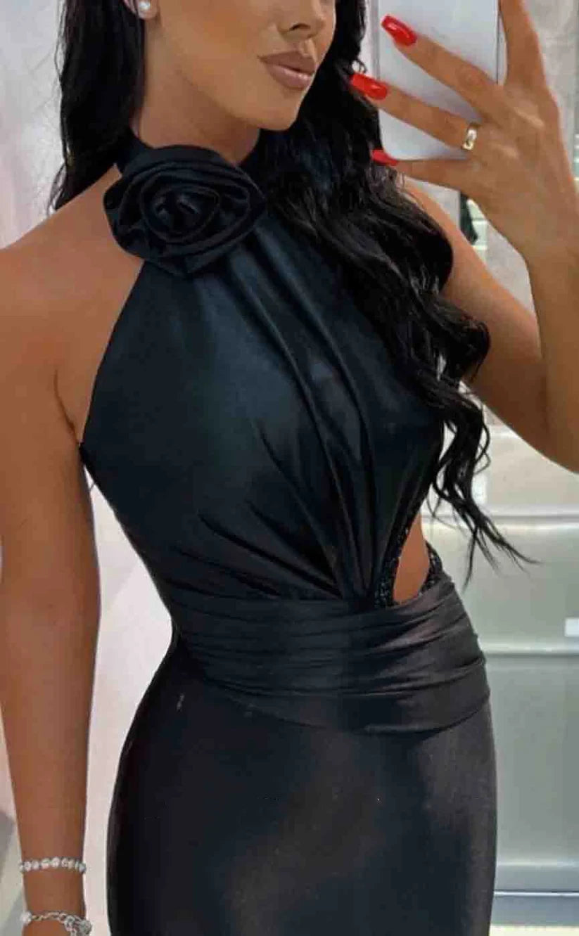 RP1881-New Black Mermaid High Neck Pleated Sleeveless Satin Prom Evening Dresses Formal Party Gowns With Flower