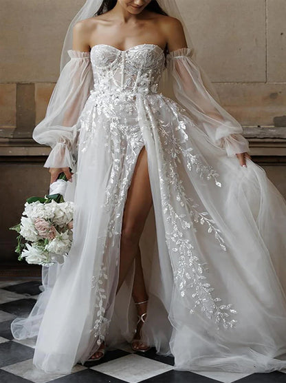 Modern A-Line Beach Wedding Dresses Sweetheart Appliqued Detachable Long Sleeves Tulle Sweep Train Bridal Gowns With Slit
