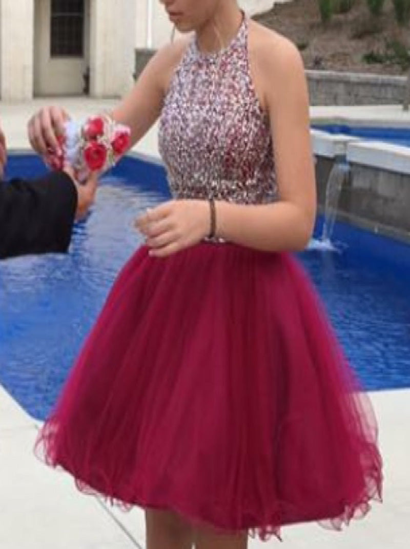 Burgundy Two Pieces A-Line Halter Neck Beaded Sequins Crystals Sleeveless Tulle Homecoming Graduation Dresses Party Gowns For Girls