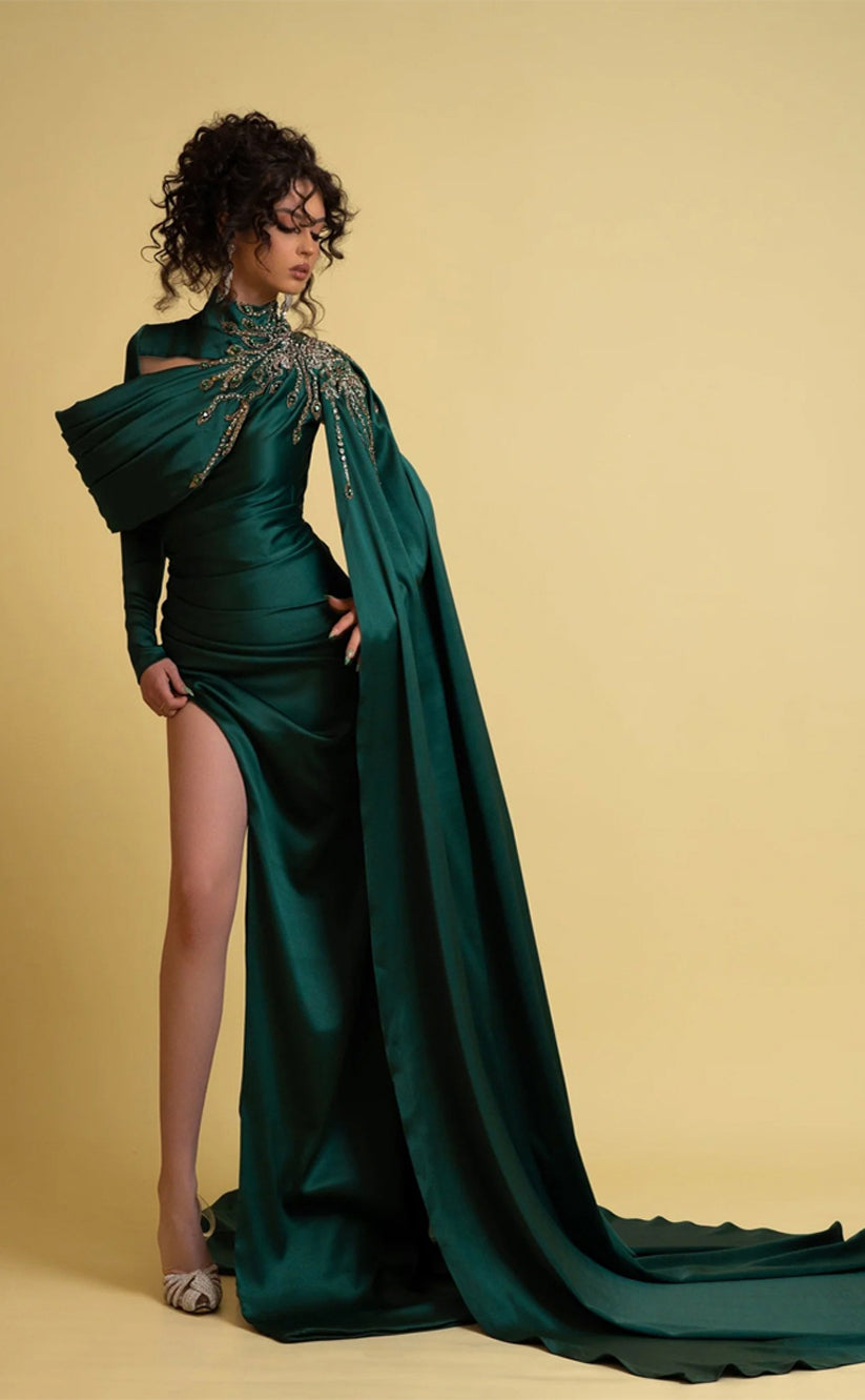 RP231-Green Mermaid High Neck Beads Pleated Long Sleeves Prom Evening Dresses Formal Party Gowns With Slit