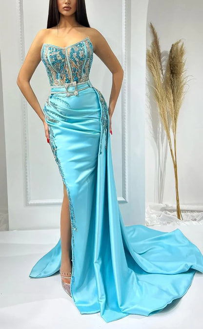 RP421-Elegant Sky Blue Mermaid Strapless Crystals Beads Ruched Sleeveless Long Prom Evening Dresses Formal Party Gowns With Slit