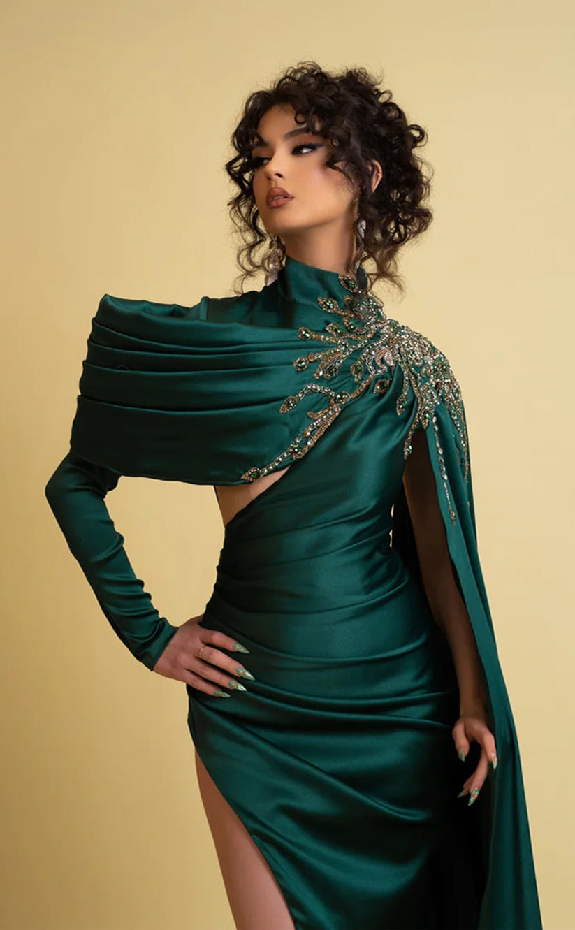 RP231-Green Mermaid High Neck Beads Pleated Long Sleeves Prom Evening Dresses Formal Party Gowns With Slit