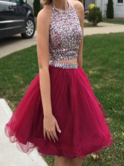 Burgundy Two Pieces A-Line Halter Neck Beaded Sequins Crystals Sleeveless Tulle Homecoming Graduation Dresses Party Gowns For Girls