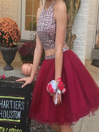 Burgundy Two Pieces A-Line Halter Neck Beaded Sequins Crystals Sleeveless Tulle Homecoming Graduation Dresses Party Gowns For Girls