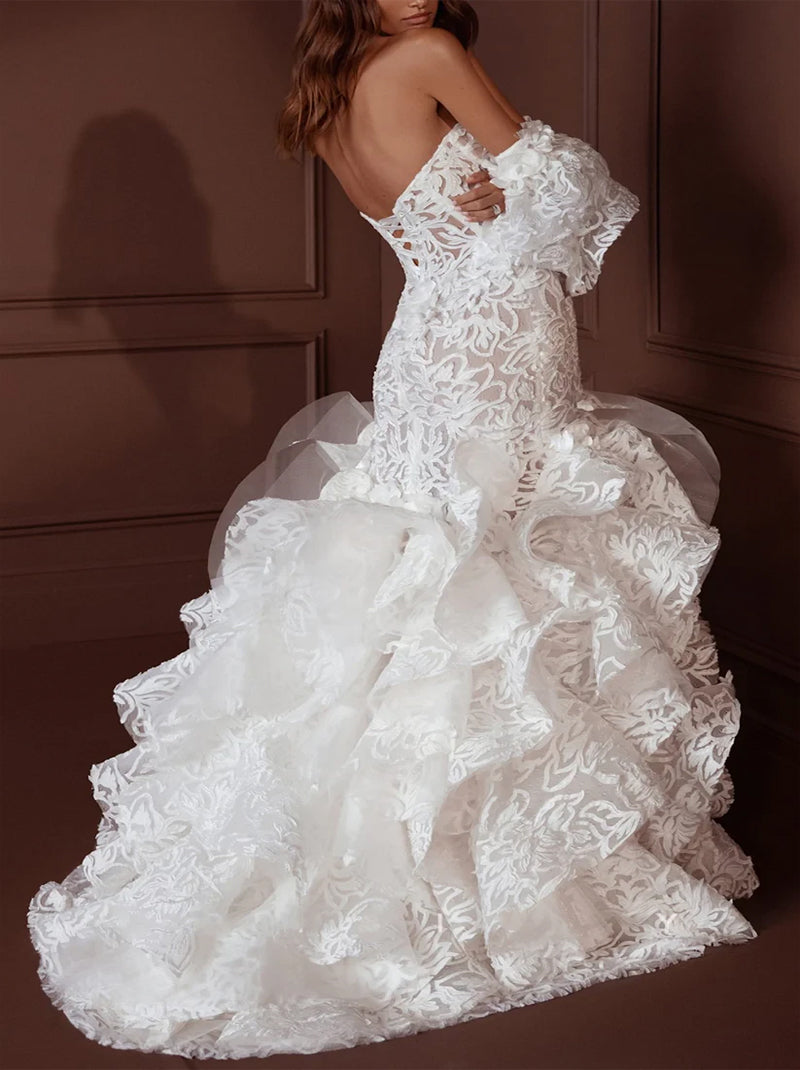 Charming Mermaid Beach Wedding Dresses Sweetheart Ruffles Detachable Sleeves Tulle Sweep Train Bridal Gowns With Slit