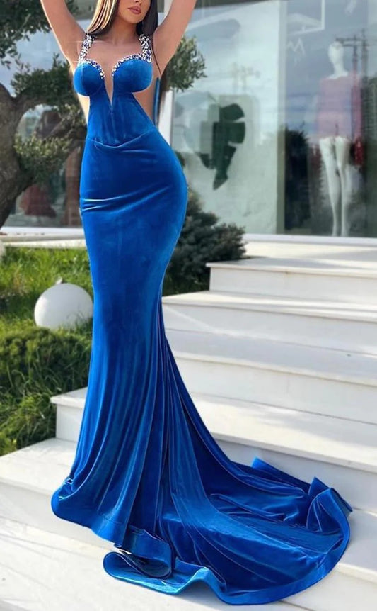 RP998-Gorgeous Royal Blue Mermaid Spaghetti Beads Crystals Sleeveless Velvet Prom Evening Dresses Formal Party Gowns