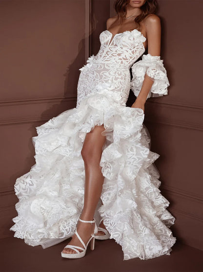 Charming Mermaid Beach Wedding Dresses Sweetheart Ruffles Detachable Sleeves Tulle Sweep Train Bridal Gowns With Slit