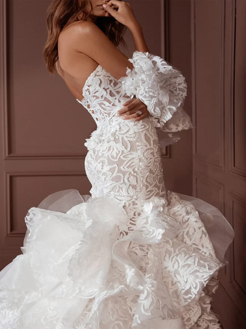 Charming Mermaid Beach Wedding Dresses Sweetheart Ruffles Detachable Sleeves Tulle Sweep Train Bridal Gowns With Slit