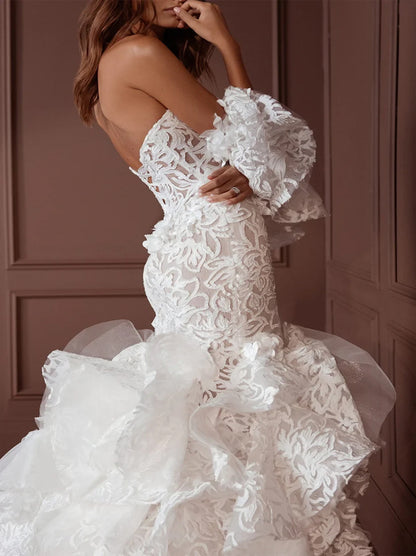 Charming Mermaid Beach Wedding Dresses Sweetheart Ruffles Detachable Sleeves Tulle Sweep Train Bridal Gowns With Slit