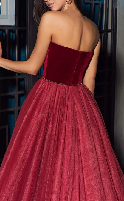 RP1918-Gorgeous Burgundy A-Line Sweetheart Pleated Velvet Sleeveless Tulle Long Prom Evening Dresses Formal Party Gowns Train