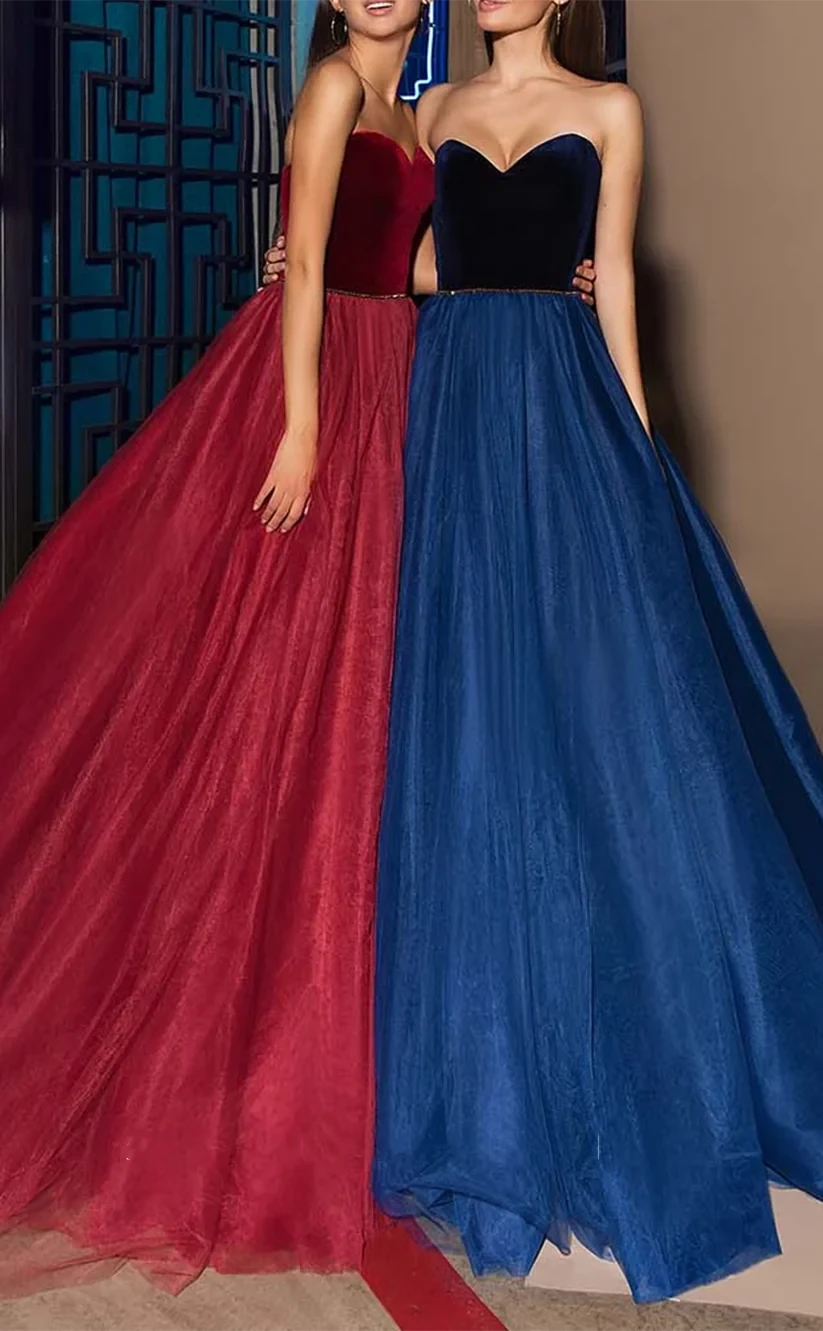 RP1918-Gorgeous Burgundy A-Line Sweetheart Pleated Velvet Sleeveless Tulle Long Prom Evening Dresses Formal Party Gowns Train