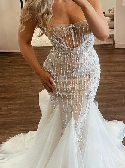 Luxurious Mermaid Wedding Dresses Sweetheart Beads Pearls Tulle Sweep Train Bridal Gowns Custom Made