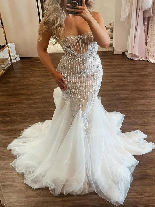 Luxurious Mermaid Wedding Dresses Sweetheart Beads Pearls Tulle Sweep Train Bridal Gowns Custom Made