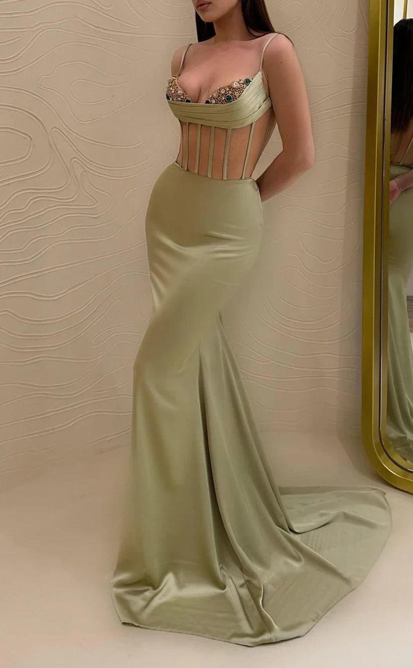 RP1922-New Mint Mermaid Spaghetti Beaded Sleeveless Satin Prom Evening Dresses Formal Party Gowns With Train