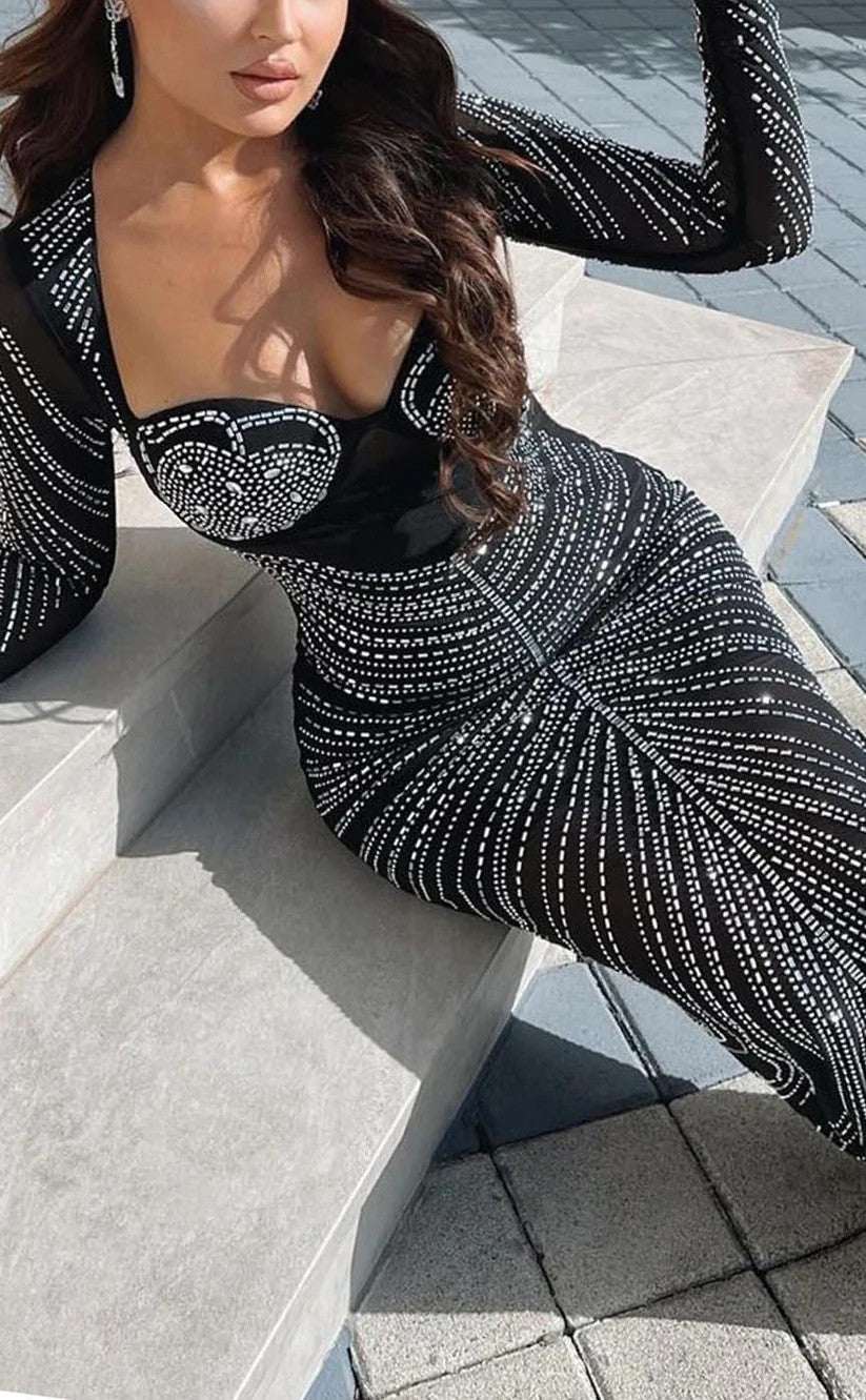 RP1011-Sparkling Black Mermaid Sweetheart Sequins Beads Long Sleeves Prom Evening Dresses Formal Party Gowns