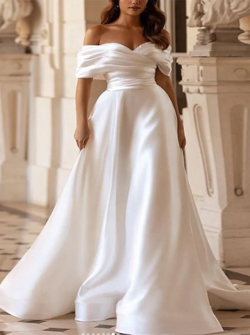 Simple Mermaid Wedding Dresses Off The Shoulder Pleated Satin Detachable Sweep Train Bridal Gowns Custom Made