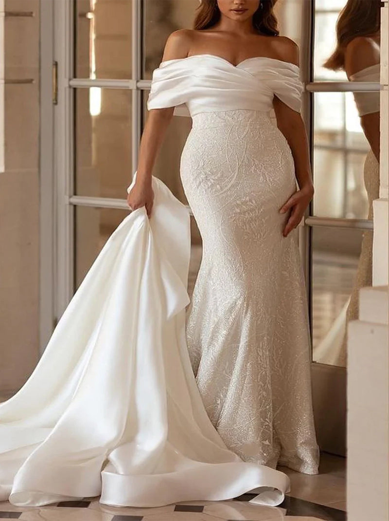 Simple Mermaid Wedding Dresses Off The Shoulder Pleated Satin Detachable Sweep Train Bridal Gowns Custom Made