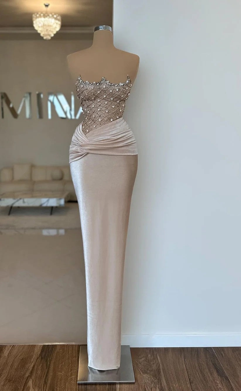 RP1009-Elegant Champagne Mermaid Sweetheart Beads Ruched Sleeveless Velvet Prom Evening Dresses Formal Party Gowns