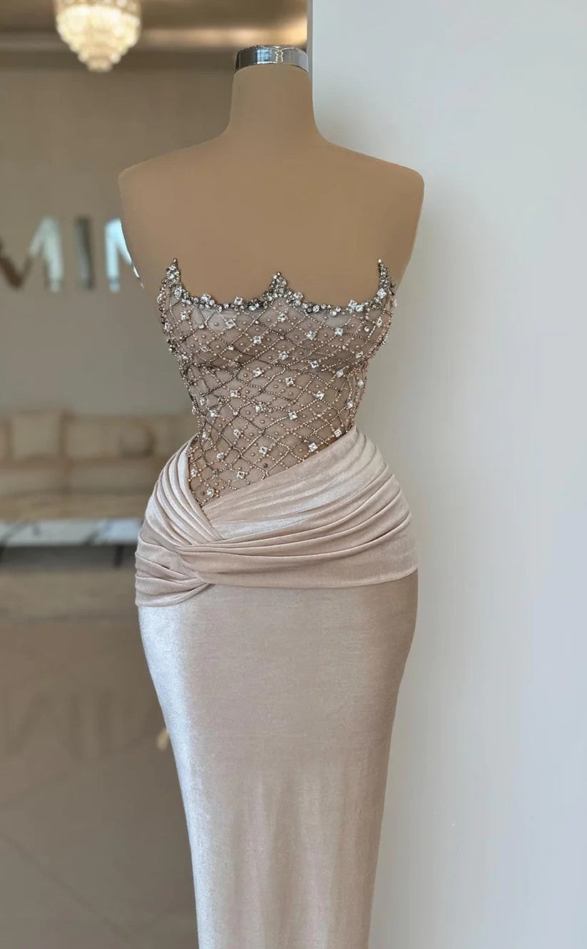 RP1009-Elegant Champagne Mermaid Sweetheart Beads Ruched Sleeveless Velvet Prom Evening Dresses Formal Party Gowns