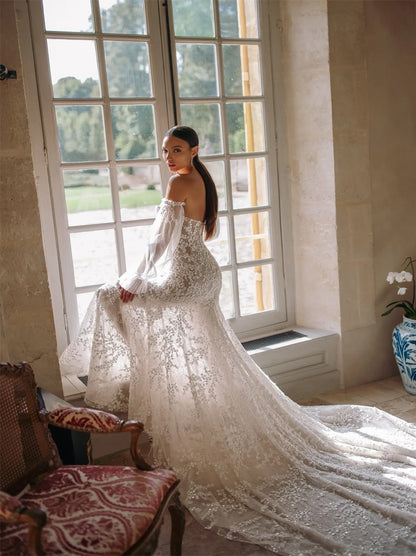 Unique & Elegant Mermaid Boho Wedding Dresses Sweetheart Sequins Appliqued Detachable Long Sleeves Court Train Lace Bridal Gowns Custom Made