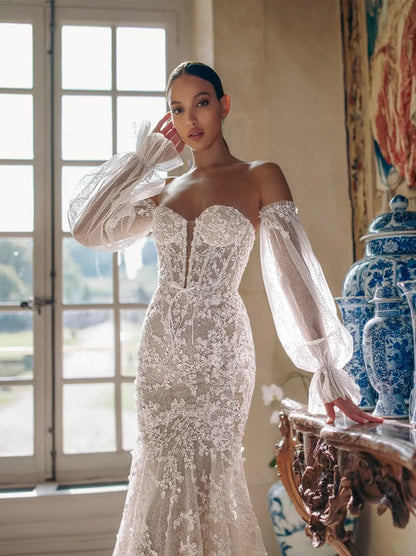 Unique & Elegant Mermaid Boho Wedding Dresses Sweetheart Sequins Appliqued Detachable Long Sleeves Court Train Lace Bridal Gowns Custom Made