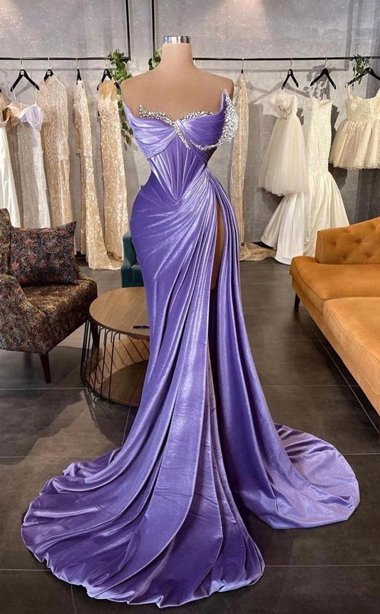 RP1008-Gorgeous Lavender Mermaid Sweetheart Beads Crystals Sleeveless Velvet Prom Evening Dresses Formal Party Gowns With Slit