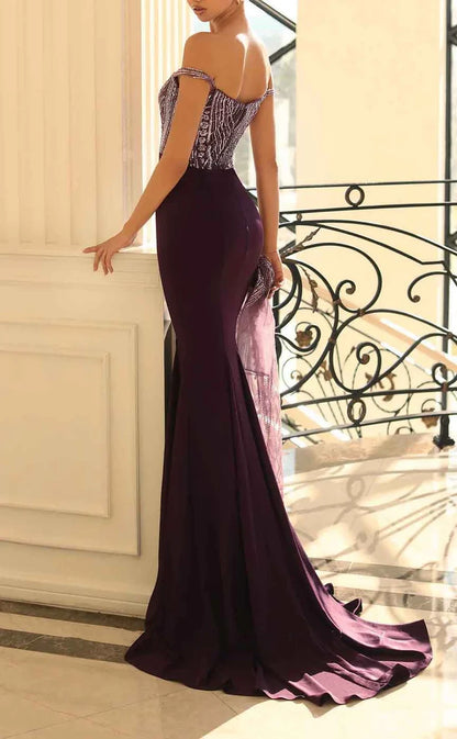 RP1931-New Black Mermaid Off-the-Shoulder Beaded Sleeveless Chiffon Prom Evening Dresses Formal Party Gowns With Train