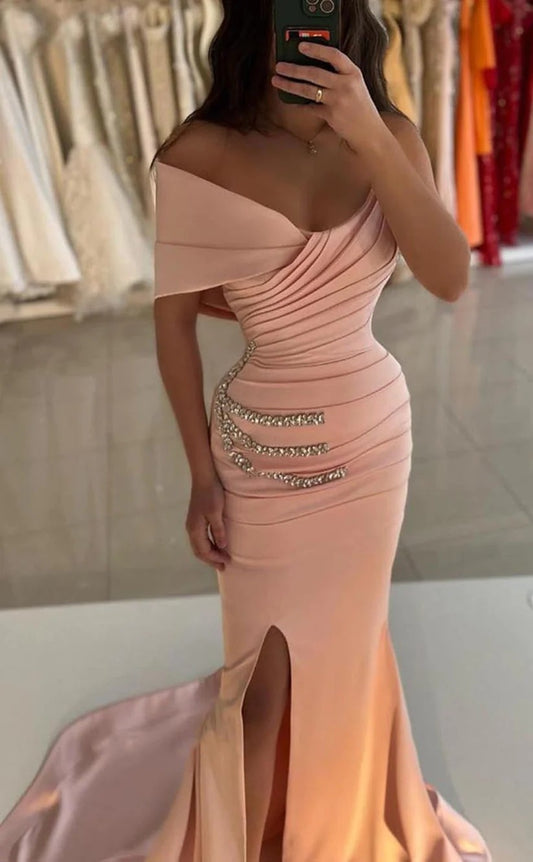 RP1006-Elegant Mermaid One Shoulder Crystals Ruched Long Prom Evening Dresses Formal Party Gowns With Slit