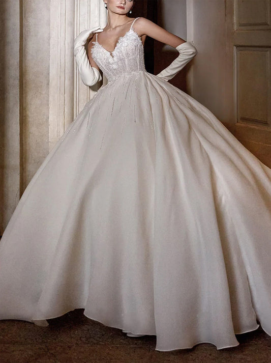 Modern Ball Gown Wedding Dresses Spaghetti Pleated Sleeveless Tulle Court Train Bridal Gowns Custom