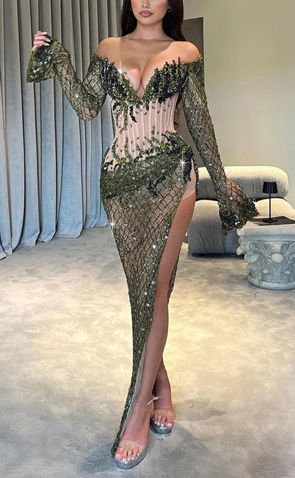 RP1007-Sparkling Green Mermaid Off--the-Shoulder Sequins Beads Long Sleeves Long Prom Evening Dresses Formal Party Gowns With Slit